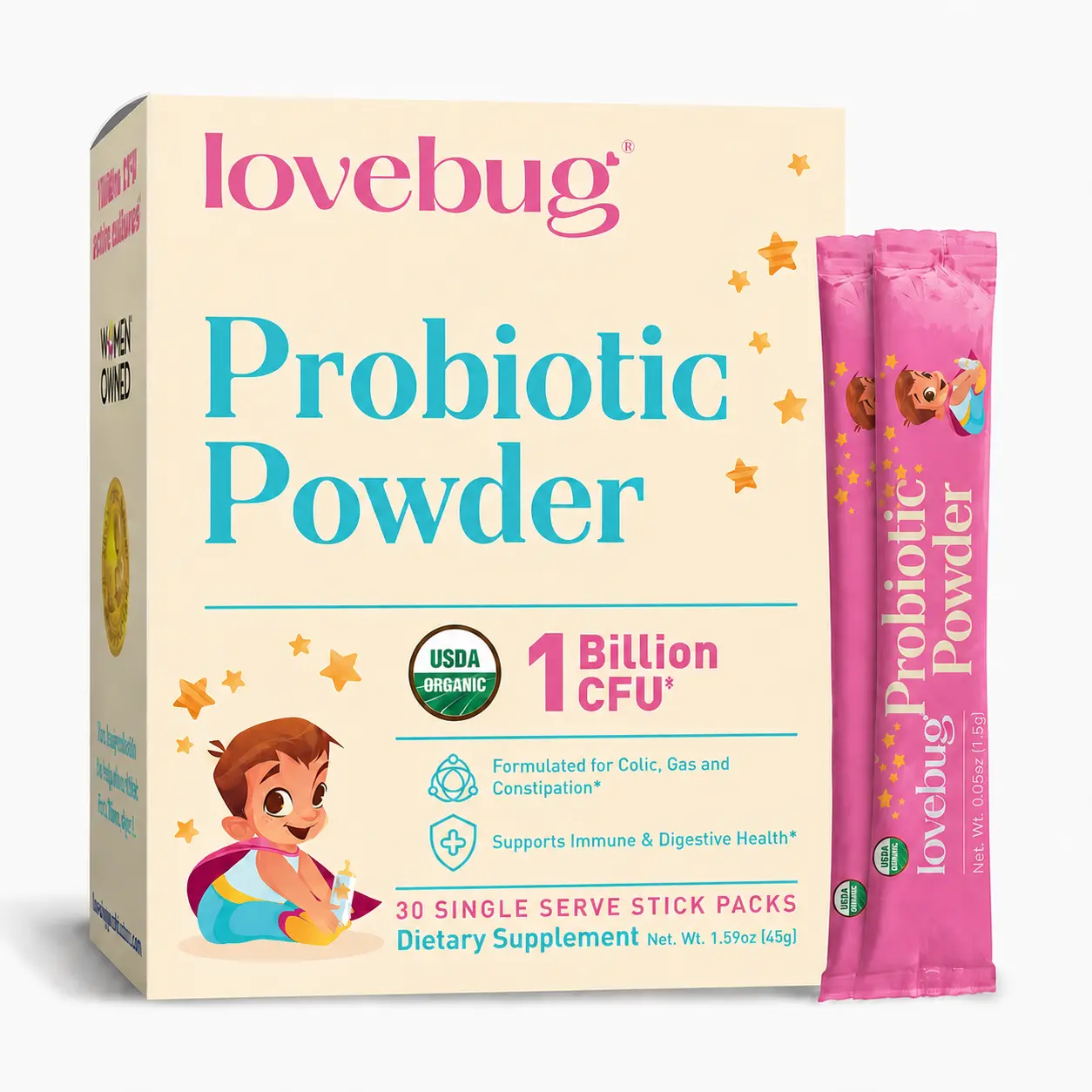 Lovebug Infant Probiotic | USDA Organic Daily Powder | Colic, Gas & Immune Support | 30 or 60 Stick Packs