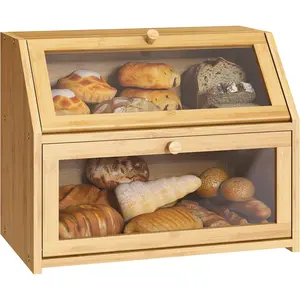 Double-Layer Large Bamboo Farmhouse Bread Box for Kitchen Countertop, Natural Bamboo Wood Food Storage Containers with Glass Sides, Kitchen Utensil Holder for Food Freshness Preservation
