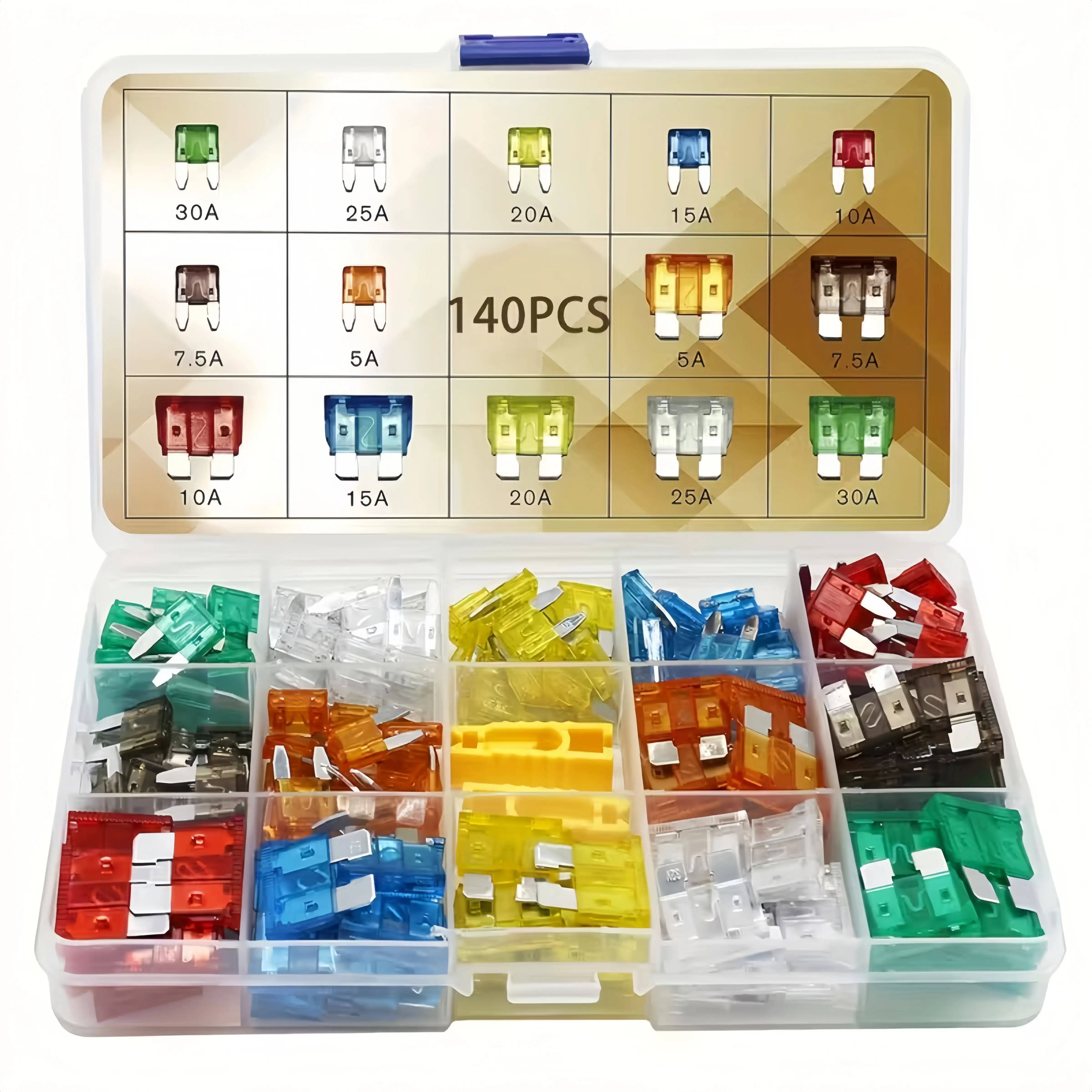 140pc Automotive Fuse Kit Standard Mini Fuses with Color Coded Case and Puller for Cars RVs Trucks Motorcycles Fuse Replacement