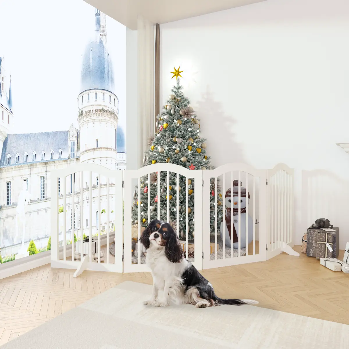 Solid Wood 4-Panel Foldable Panels Pet Safety Fence - 27.6in Tall Freestanding Dog Gate with Support Legs, MDF Boards, Anti-Scratch Protection, Durability and Security for Doorways, Stairs