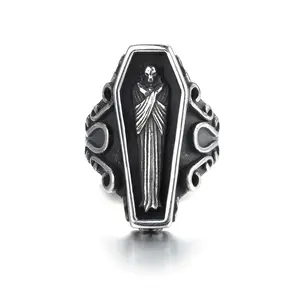 GTHIC Vampire Coffin Stainless Steel Skull Ring Non Tarnish Statement Jewelry for Men Women for Wedding Engagement Birthday Gift Size 5-16 Durability
