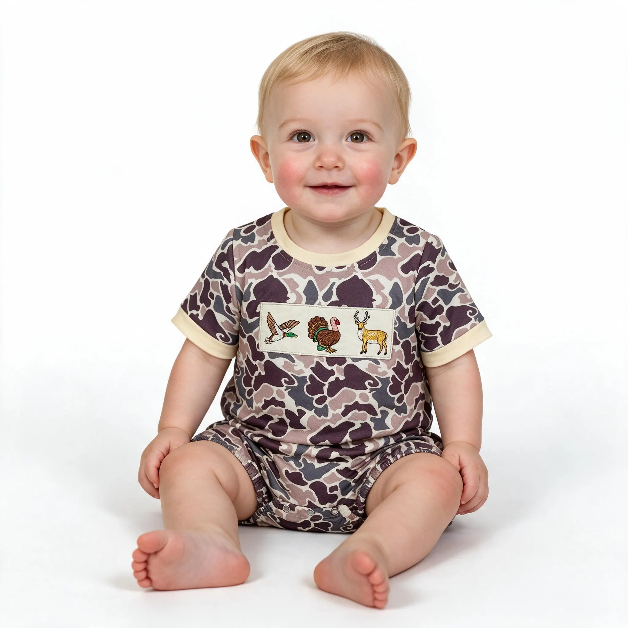 Baby Boy Hunting Camouflage Bubble Romper - Embroidered Duck, Turkey, Deer, Short Sleeve, Casual Baby Clothing, Machine Washable Bodysuit