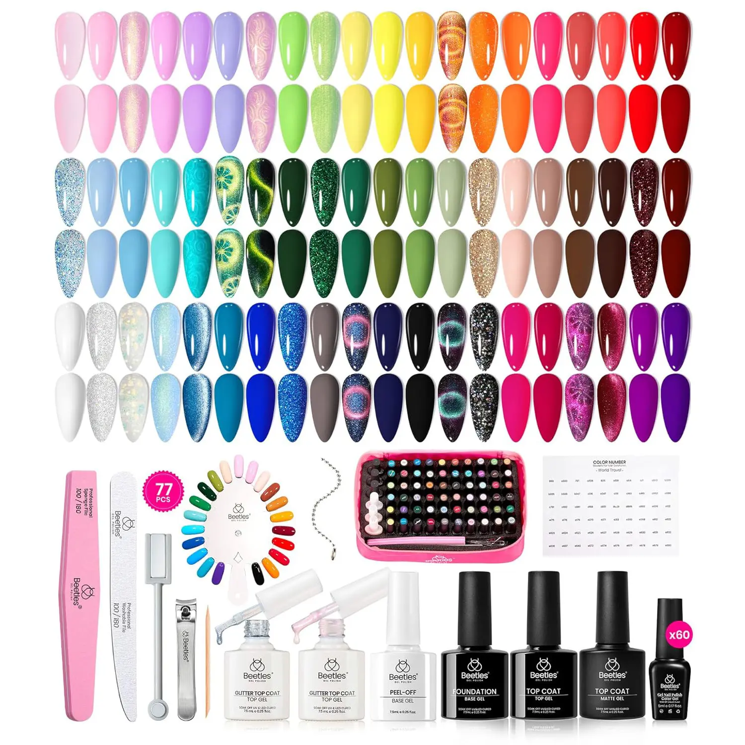 beetles 60 Classic Colors Soak Off Nail Art Kit, Complete At-Home Set with Base, Peel Off Base, Glossy & Matte Top Coats and Tools, Gift for Women, Gel Polish, Nails Supplies, Storage, My Nail Set