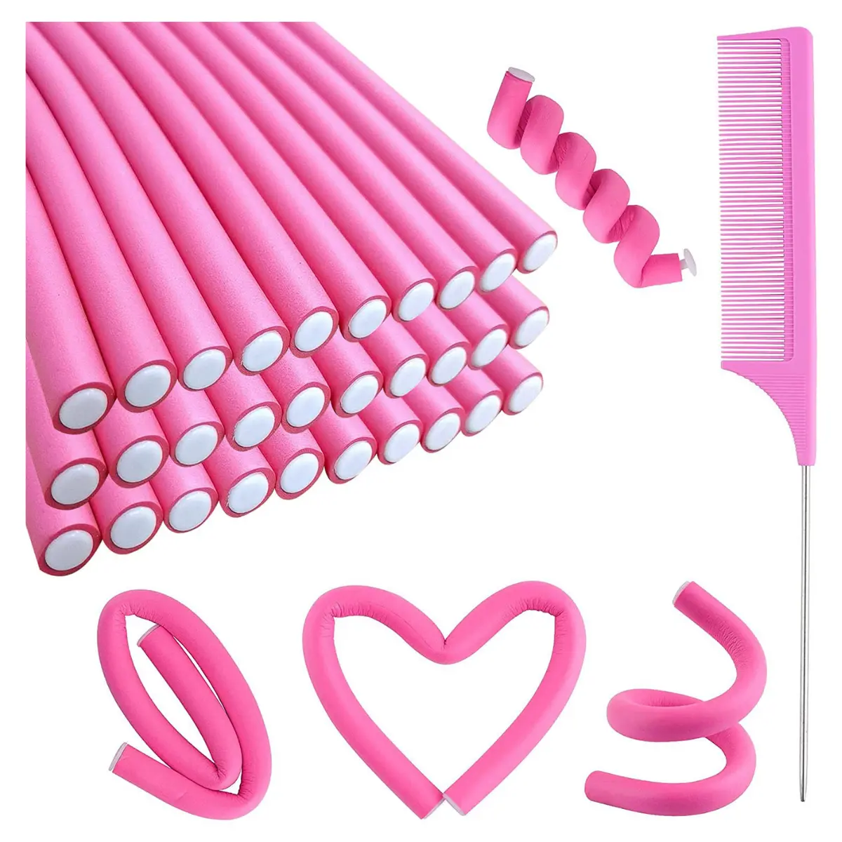 30PCS 9.45" Flexi Rods Curlers Set for Short and Long Hair, No Heat Foam Rollers with Steel Comb