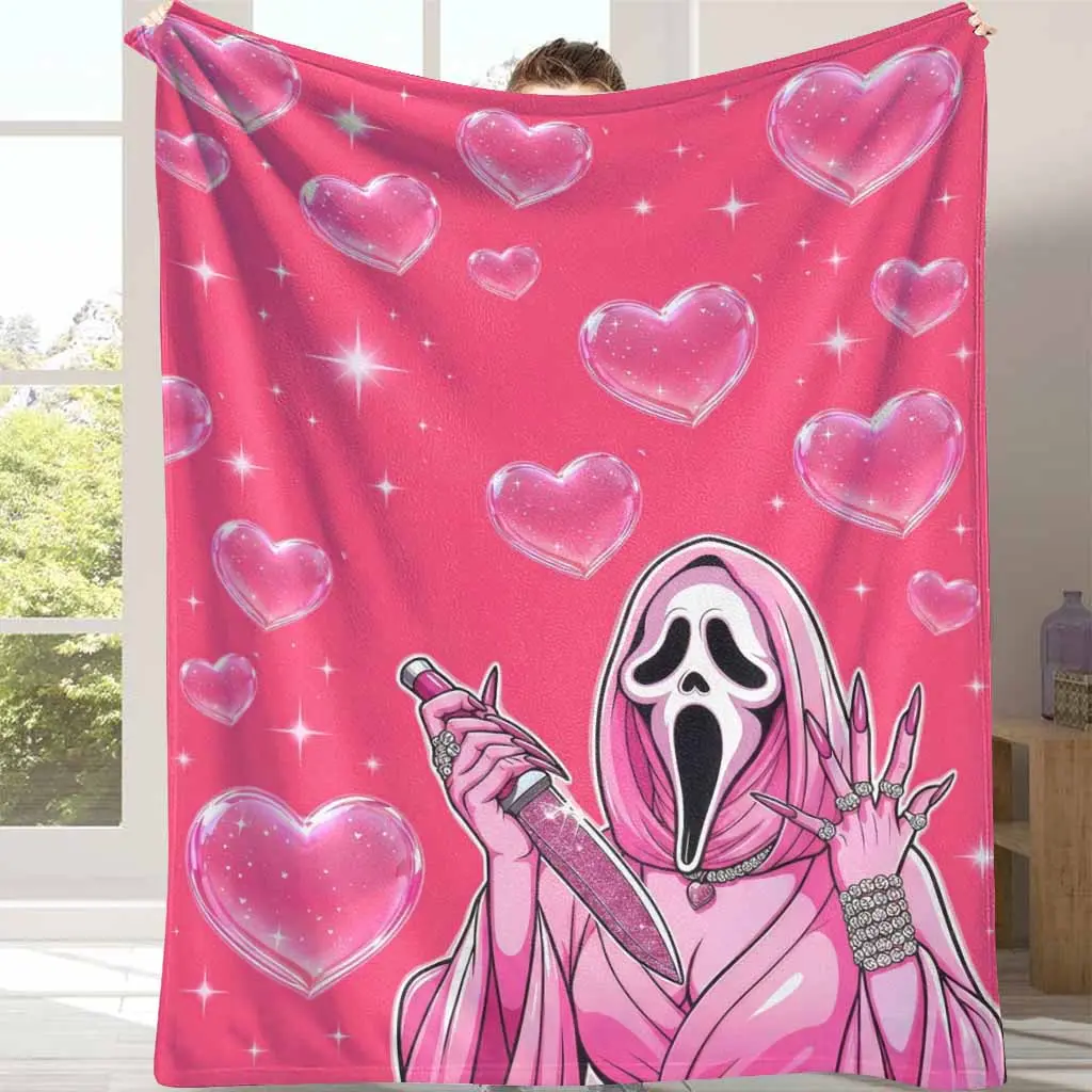 Pink Ghost Face Glitter Heart Print Flannel Throw Blanket by Summerwins, 60x80in Large Size for Adults, Soft Cozy Warm Lightweight Breathable Wrinkle-Resistant, for Bedroom-Living Room, Blanket Gifts