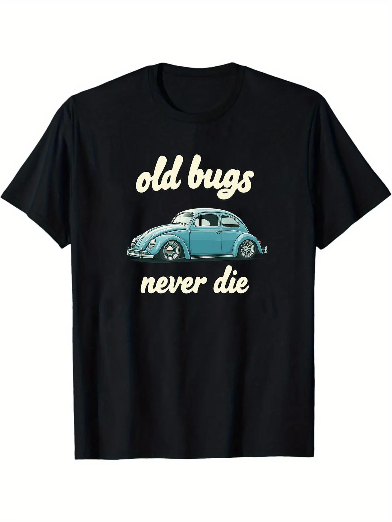 Men's "Old Bugs Never Die" Beetle Statement Car-Themed Graphic Top - Classic Volkswagen Beetle Print, Cotton Fabric, Stretch Round Neck Short Sleeves, Casual Loose Fit, Machine Washable for Parties, Casual Outfits, Casual Fit