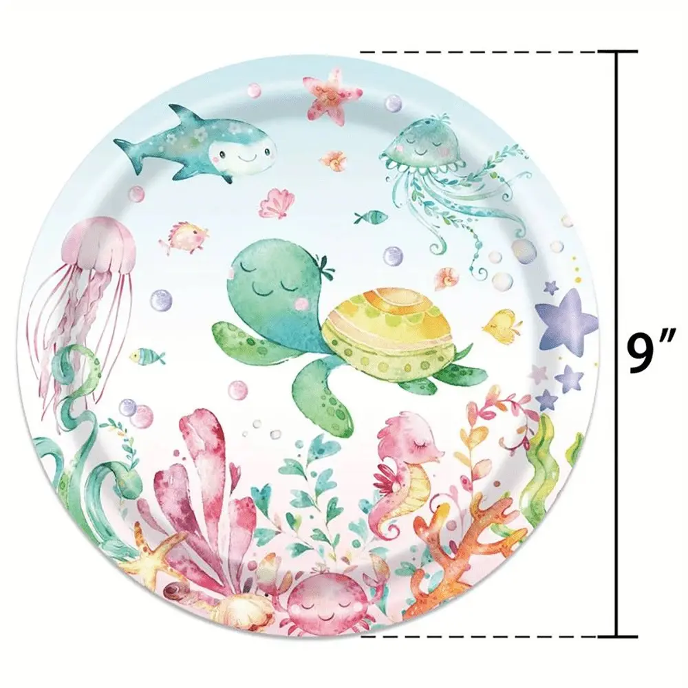 10pcs Multicolor Disposable Ocean Animals Round Paper Tableware Set - Plates, Cups, Napkins for 10 Guests, Under the Sea Party & Birthday Supplies