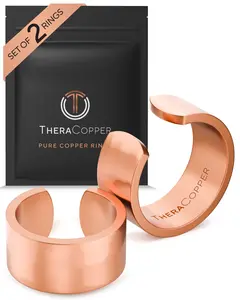 TheraCopper Pure Copper Rings for Women (2-Pack) — 100% Pure Copper Ring — Raw, Solid & Uncoated Authentic Handmade Open-End Adjustable Ayurvedic Jewelry Rings (10mm Hammered)