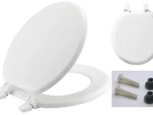 Round Closed Front Toilet Seat in White, Durable Enameled Wood High-Gloss Finish