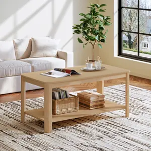 Arc Corner Wood Coffee Table with Storage Shelf – Vertical Wave Grain Legs, Light Oak Finish, Modern Minimalist Rectangular Accent Table for Living Room & Bedroom (39.4" L x 20" W x 17.7" H)
