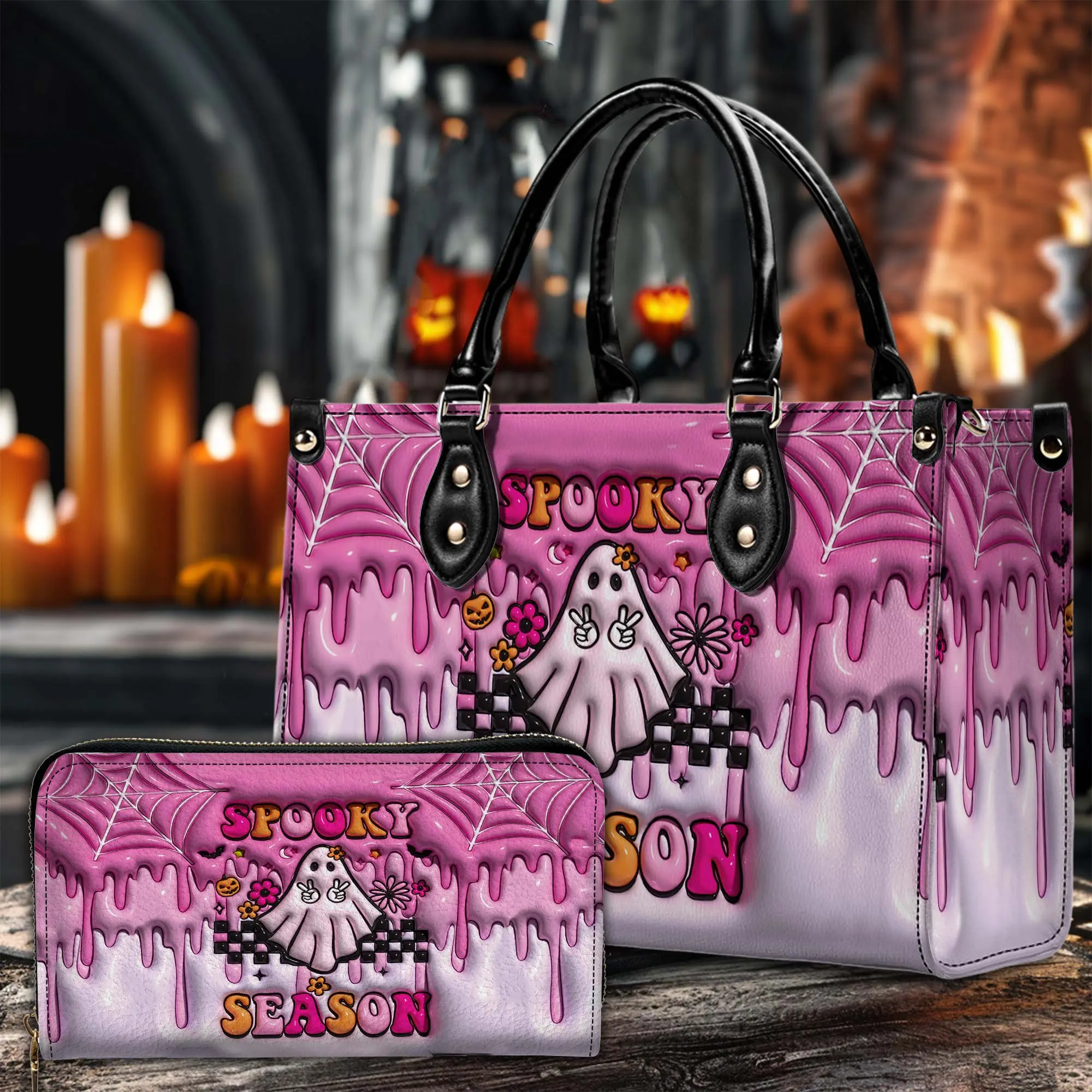 Pink Spooky Vibes Halloween Leather Handbag for Women, Cute Ghost Pumpkin PU Leather Tote Bag, Pink Halloween Shoulder Purse, Fall Fashion Handbag, Witchy Accessories, Trick or Treat Gift, Cute Halloween Gift for Her