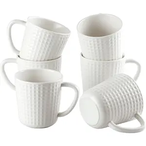 Ceramic Coffee Mugs 15 oz, Large Waffle Embossed Mug Set with Handle, Unique Coffee Cups for Latte, Cappuccino, Cocoa, Hot Tea, Mocha, Milk, Housewarming Wedding Present - Set of 6 (White)