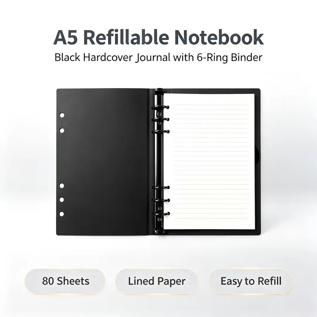 [Back to School Must-Have] A5 Black Leather Journal Notebook, Minimalist PU Cover Refillable Binder Planner with Black Paper Pages, Writing Notebook for Notes, Journaling & Organization