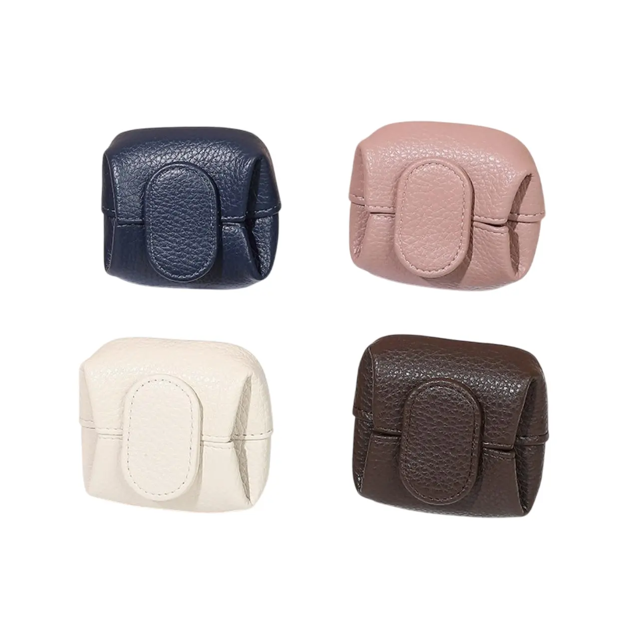 Genuine Cowhide Lychee Pattern Coin Purse, Square Snap Closure Mini Wallet, Multi-use Pouch for Coins, Keys, Earphones & Cables, Unisex Daily Storage Bag