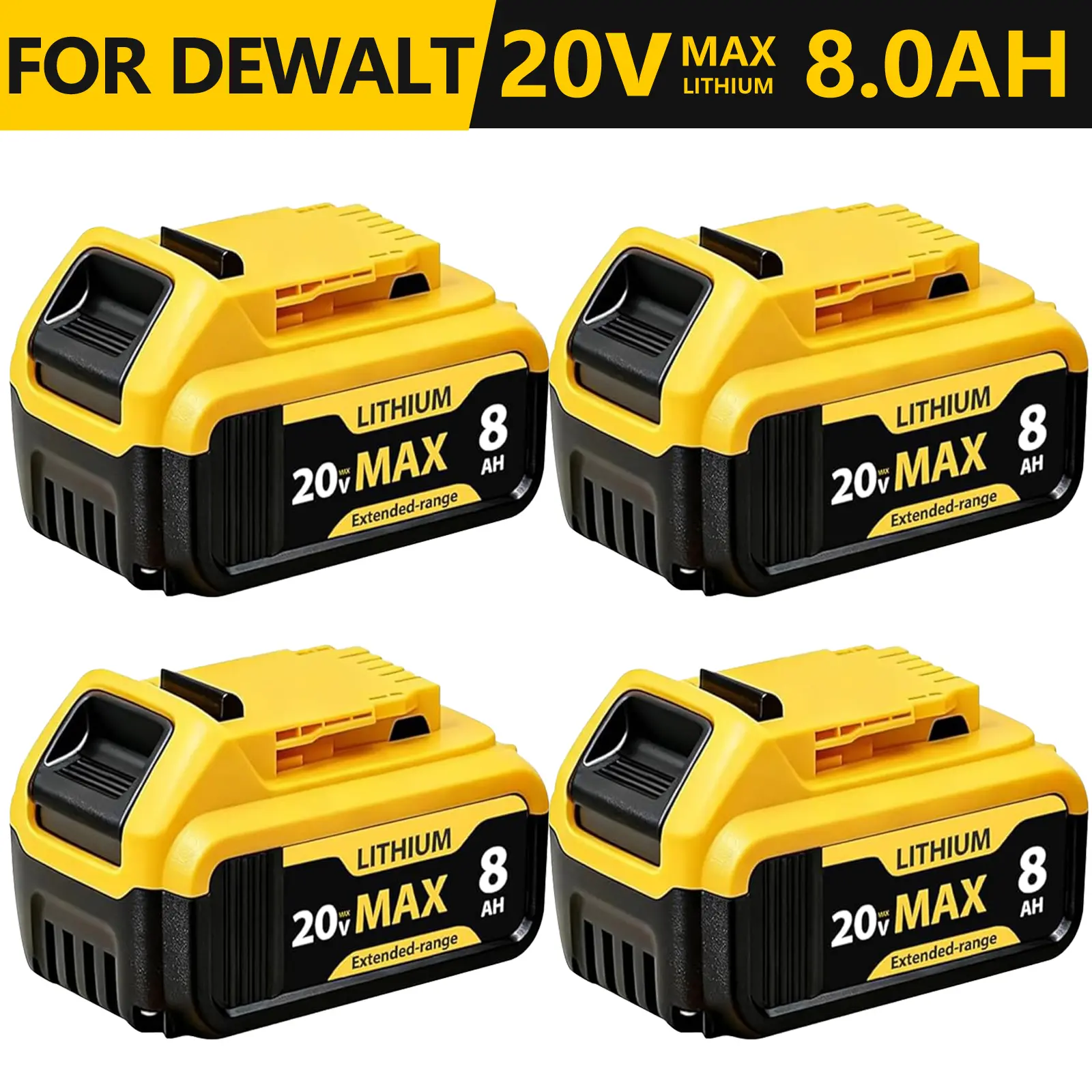 4-Pack 20V 8.0Ah Lithium-Ion Battery High Capacity 8,000mAh Replacement for Dewalt Replacement for DCB200/DCB201/DCB203/DCB206 Battery Compatible with Dewalt 20V Max Tools High-Capacity durable construction cordless power tool