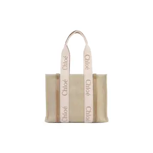 Chloe Woody Embroidered Logo Tote Bag in Linen Canvas and Calfskin for Women