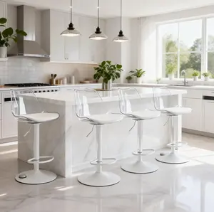 Mojay Modern Clear Acrylic Bar Stools Set of 2-4, Adjustable Swivel Counter Height Bar Chairs with Faux Leather Upholstered Seat and Ergonomic Backrest, Contemporary Bar Stools for Kitchen Island