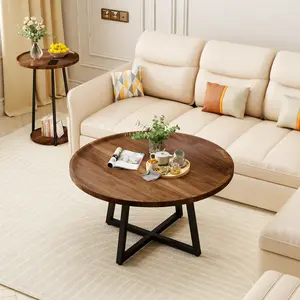 AWQM Coffee Table Set of 3, Vintage Wood Coffee Table & 2 Round End Side Tables, Easy Assembly Living Room Table Set and 2 End Tables, Suitable for Offices, Living Rooms and Apartments, Brown