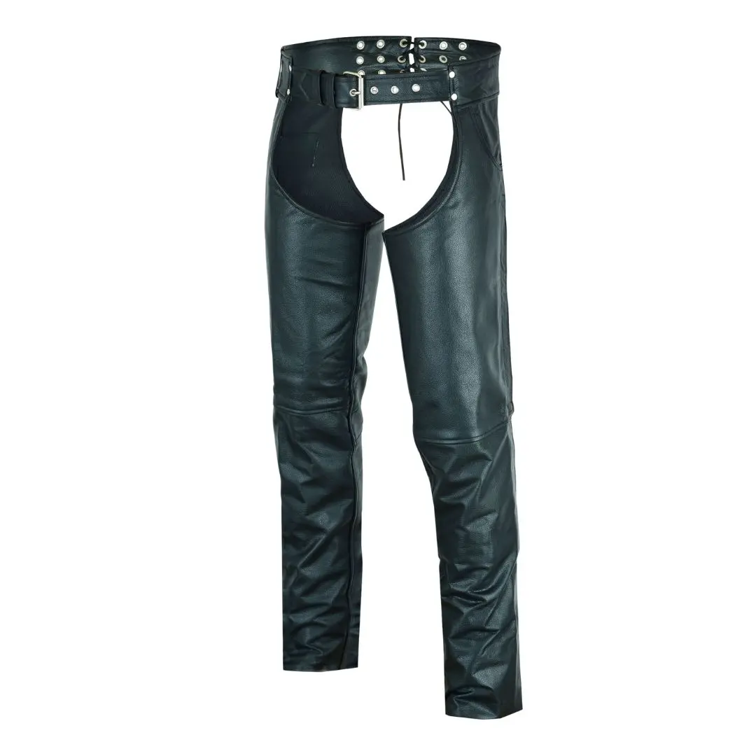 Men’s Motorcycle Chaps HL12836 - Classic Leather Design, Jean Pocket Style, Mid Waist, YKK Zippers, Road-Ready Durability