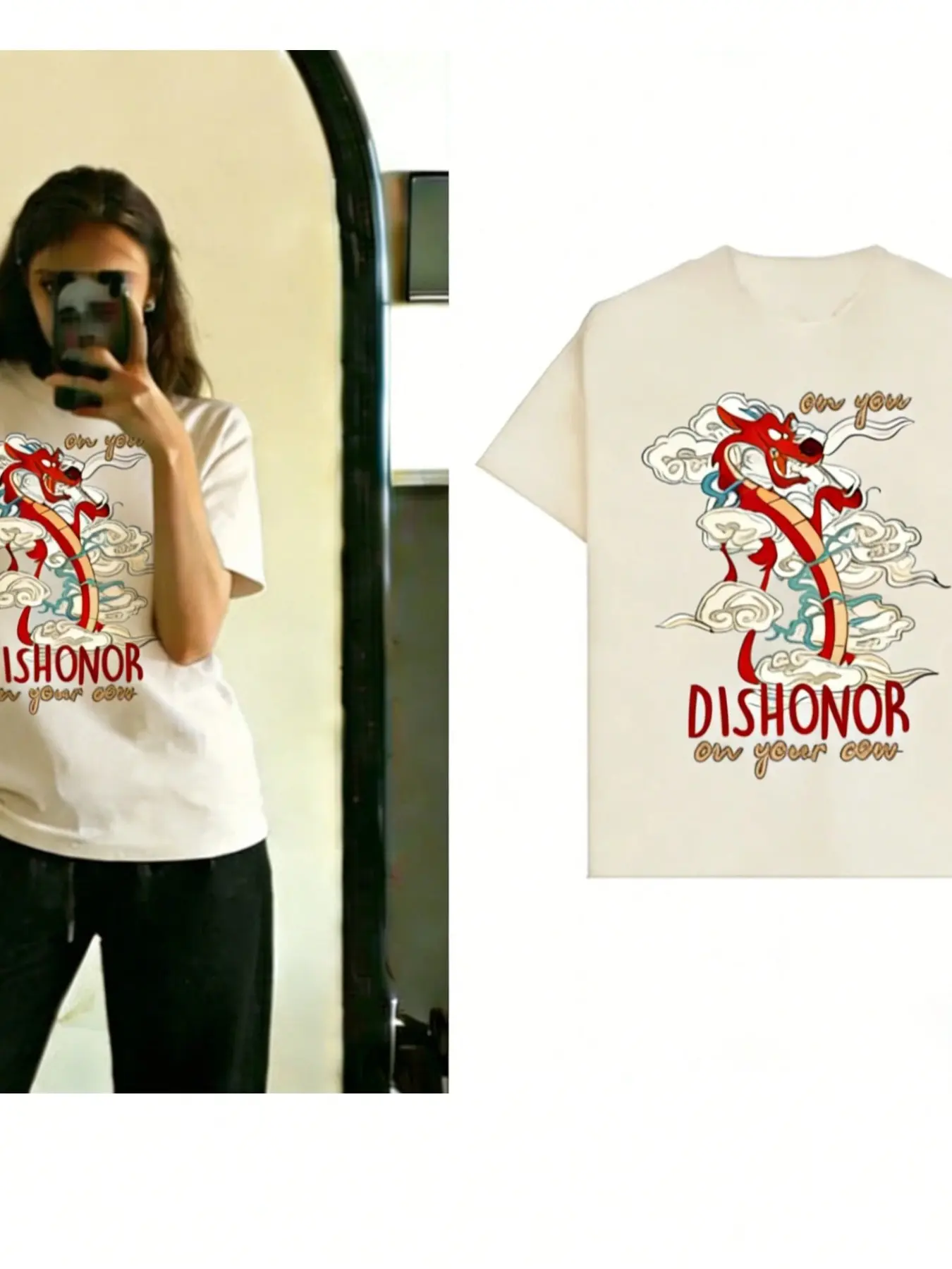 Viral Mulan Meme Graphic T-Shirt, Women, 'Dishonor On Your Cow' Dragon Print, Oversized Soft Cotton Crewneck Y2K Streetwear Tee, Casual Daily Wear, TikTok Must-Have Top, Statement, Funny Quote Vintage-Inspired, Comfortable Loose-Fit Summer/Street Style