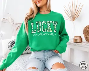 St. Patrick's Day Lucky Mama Sweatshirt, St. Paddy's Day Green Shamrock Mom Sweater, Irish New Mom Gift for Her, Pregnancy Reveal Crewneck,