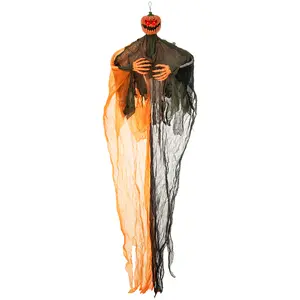 COSTWAY - 6 Feet Hanging Pumpkin Ghost with Red Glowing Eyes and Bendable Arms