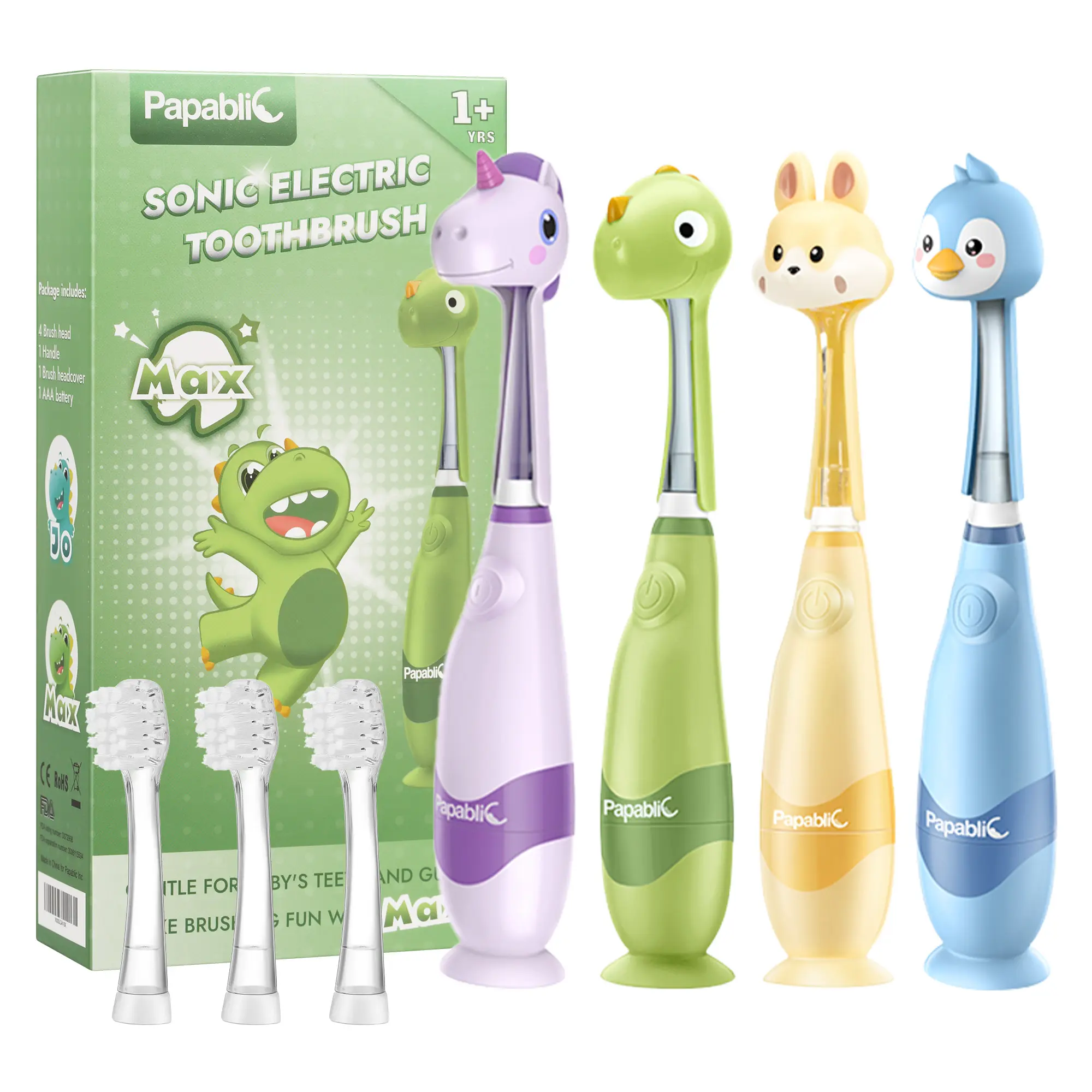 Papablic Toddler Sonic Electric Toothbrush for 1-3Y, Kids  Electric Toothbrush with Smart LED Timer, Dino & Unicorn Cover, 4 Brush Heads, Gentle Clean, Lightweight Travel & Fun Oral Care Kit, Baby Toothbrush Set, Gifts