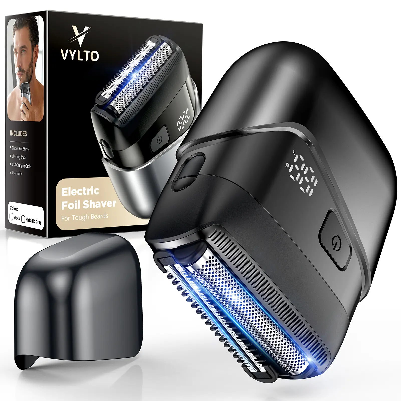 Vylto-Electric Foil Shavers for Men- New Version Mini Electric Razor with 3D Floating Heads & Precision Blades, Portable Cordless Electric Shaver IPX7 Waterproof, LED Display & Fast Charge, Black
