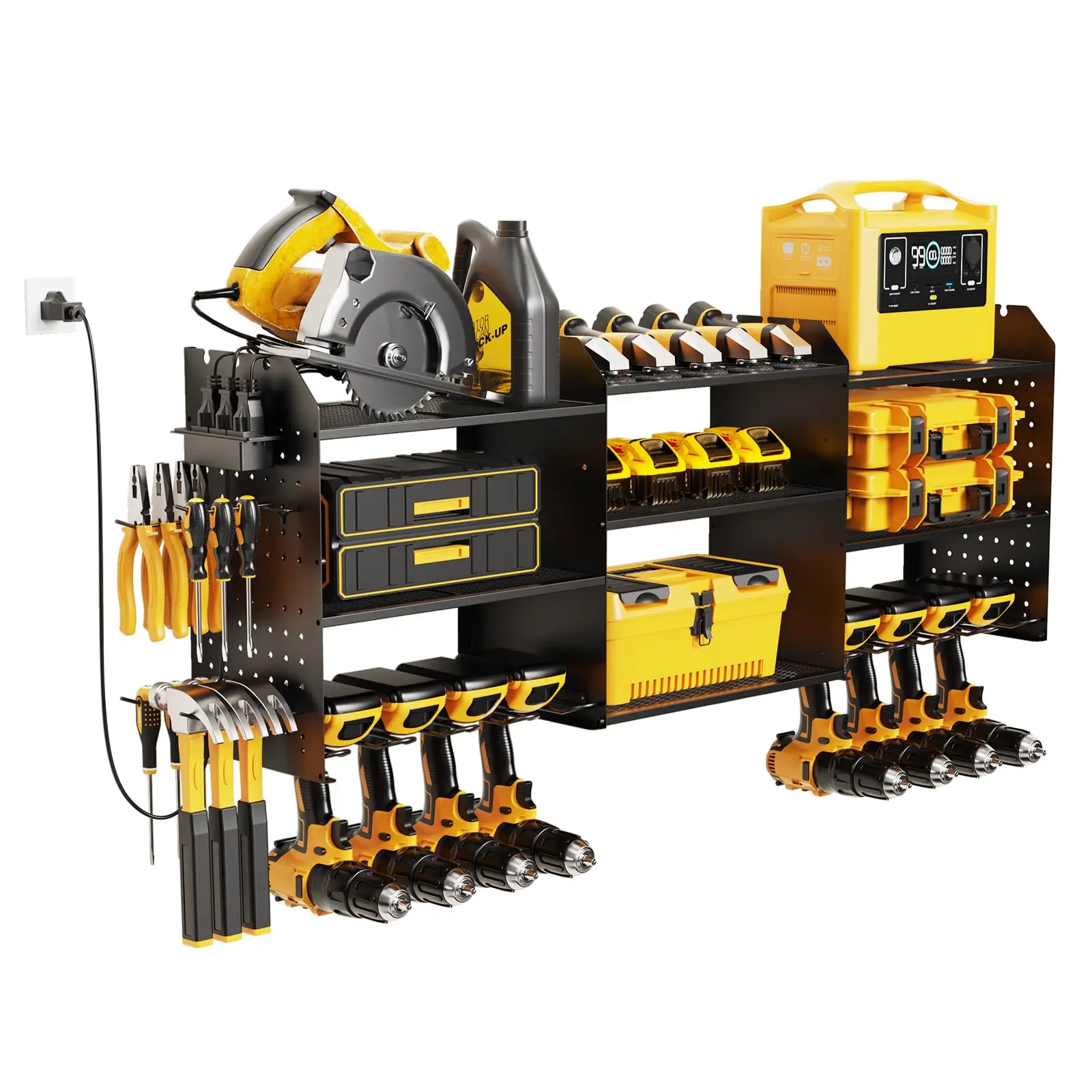 Power Tool Organizer Wall Mount with Charging Station, 3 Layer Heavy Duty Power Tool Storage Rack Cordless Drill Hanger, Large Tool Battery Organizer with Screwdriver/Hammer DIY Garage Storage