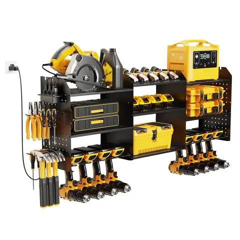 Power Tool Organizer Wall Mount with Charging Station, 3 Layer Heavy Duty Power Tool Storage Rack Cordless Drill Hanger, Large Tool Battery Organizer with Screwdriver/Hammer DIY Garage Storage