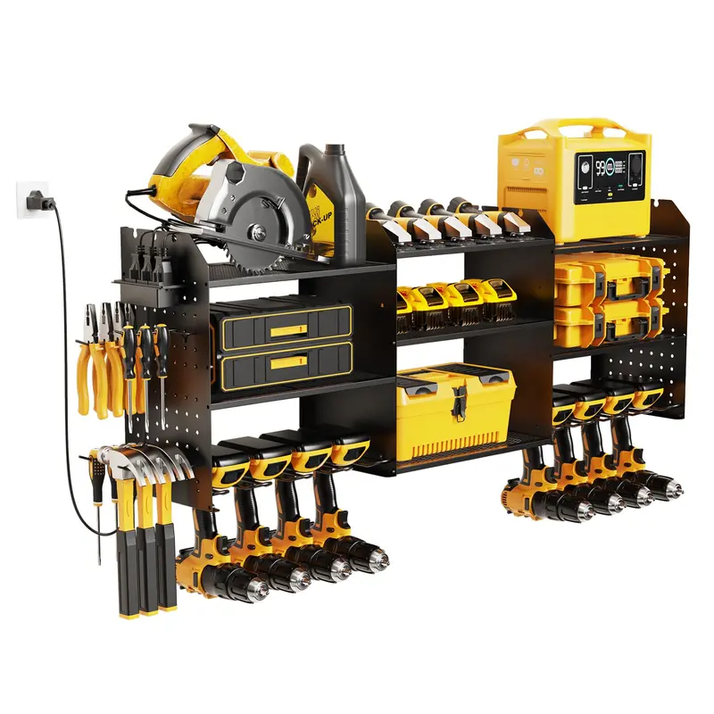 Power Tool Organizer Wall Mount with Charging Station, 3 Layer Heavy Duty Power Tool Storage Rack Cordless Drill Hanger, Large Tool Battery Organizer with Screwdriver/Hammer DIY Garage Storage