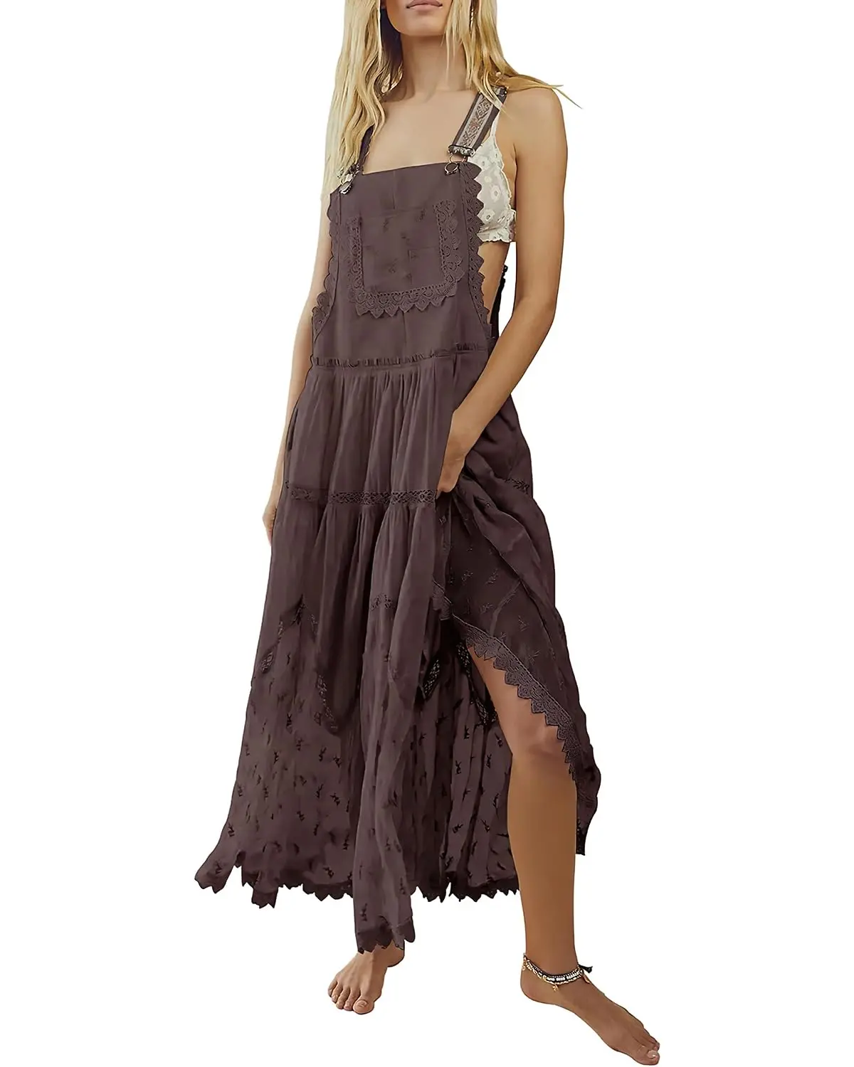 CHOUYATOU Women's Bib Pinafore Jumper, Vintage Style with Embroidered Lace and Mesh Tulle Hem, Loose Fit Ankle-Length with Adjustable Straps, Polyester, Breathable, Lightweight, Casual Wear, Flared, Fabric, Pocket, Basic, Bohemian, Beachwear, Fashion Appa
