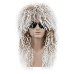 Men and Women Long Curly Brown Gradient White Wig 70s 80s Rocker Mullet Party Funny Wig Costume Wig