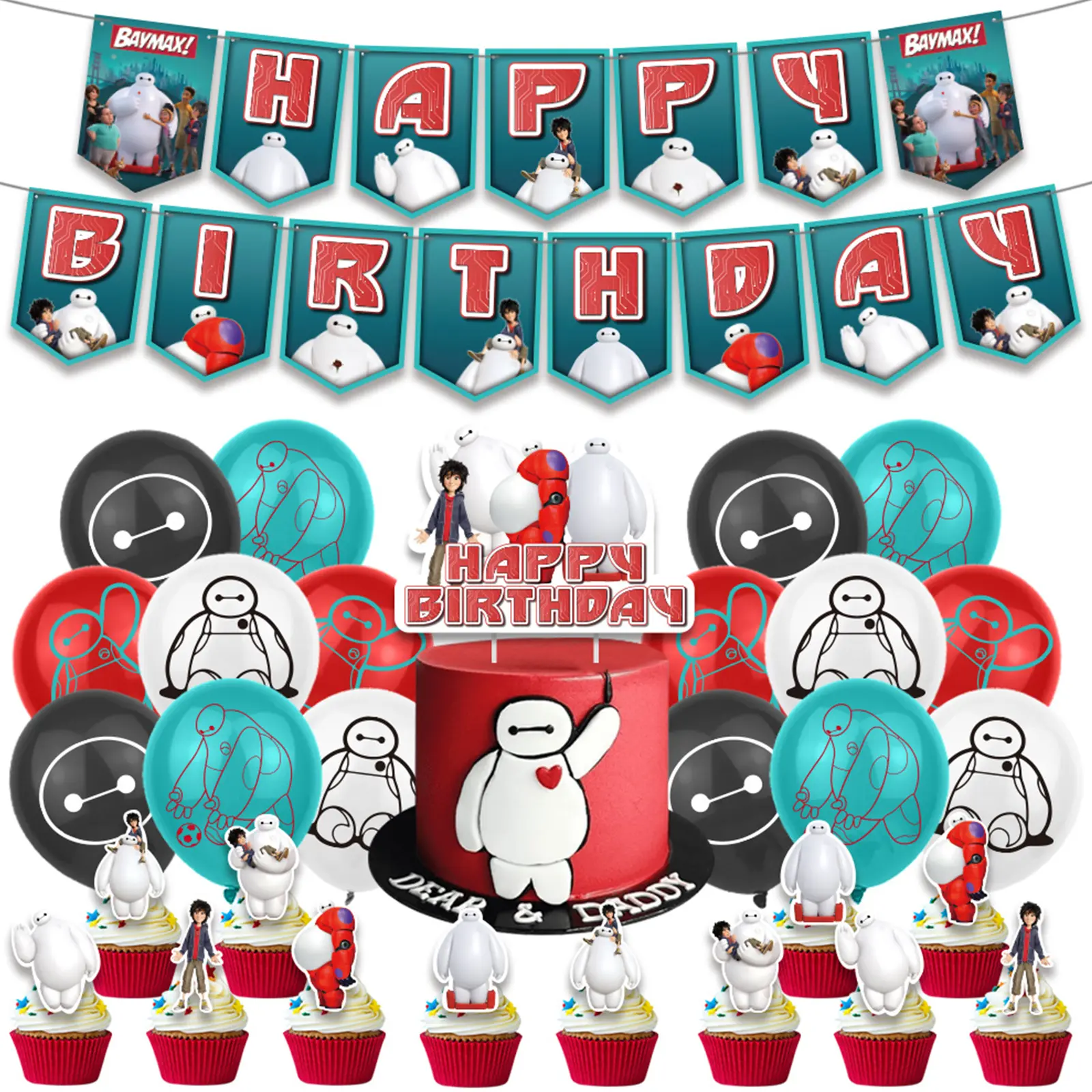 30Pcs Baymax Birthday Party Decorations, Cartoon Big Hero Birthday Supplies -Happy Birthday Banner, Balloons, Cake Topper, Cupcake Toppers for Kids Big Hero Theme Party