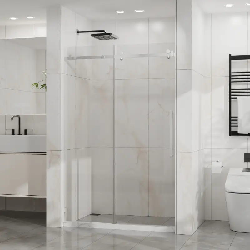 Goodyo Frameless Shower Door, 48" W x 72" H Sleek Silent Sliding Glass Door, 1/4" (6mm) Thick Tempered Clear Glass with Easy-clean Coating, Heavy-Duty 304 Stainless Steel, Chrome