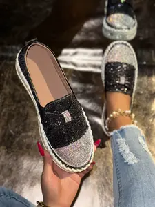 Women's Sequined Sparkle Thick Sole Flat Shoes, Bow Design, Elegant Slip-On, Casual Party Wear, Comfortable Daily Footwear
