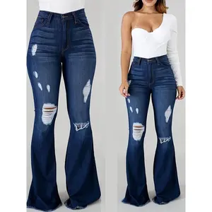 Women's Flared Pants High Waist Hole Slim Classic Flared Pants High Stretch Jeans Denim Comfort Basic Streetwear Minimalist Blue Womenswear Bottom Trouser Fitted Casual Vibe Style