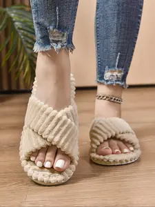 Women's Plush Slippers Cross-Strap Indoor Home Shoes, All-Season Comfortable Fashion Design, Perfect for Daily Wear