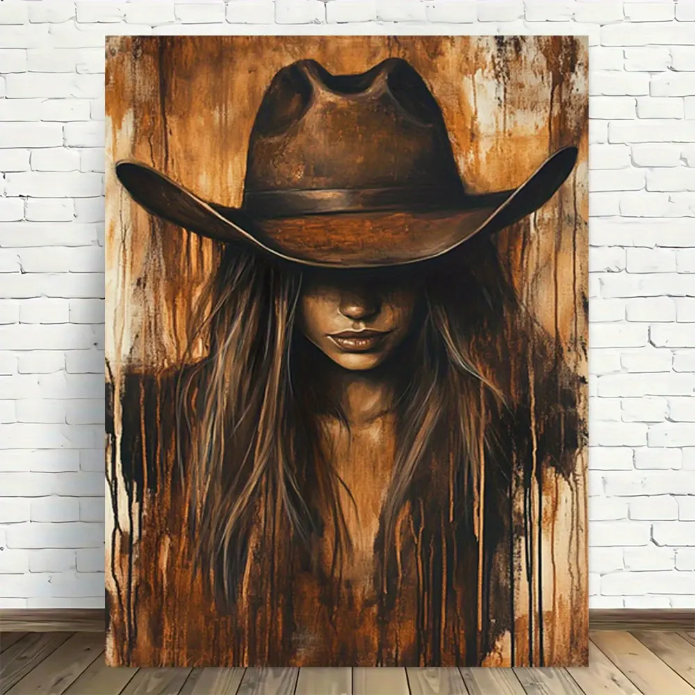 Artistic Vintage Western Cowgirl Frameless Canvas Wall Art - Rustic Brown Wood Texture Western Woman Oil Painting Poster, Cow Art Prints, Universal Farmhouse Southwest Decoration for Living Room Bedroom Unique Gift