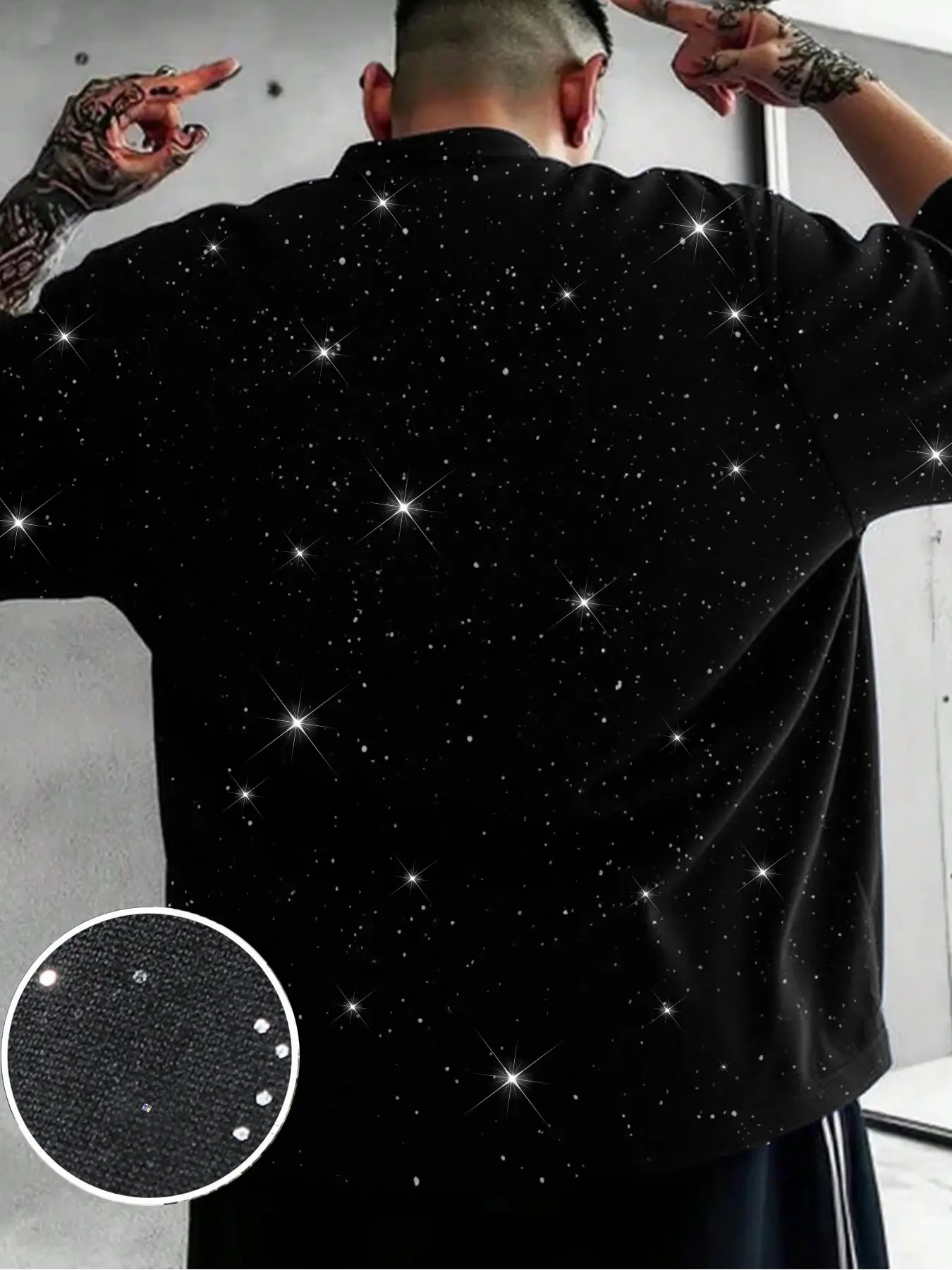 Men's Casual Streetwear Short Sleeve T-Shirt, Starry Night Filter Aesthetic, Silver Color Fabric, Comfortable, Soft and Breathable, Regular Fit, Perfect for Park Walks