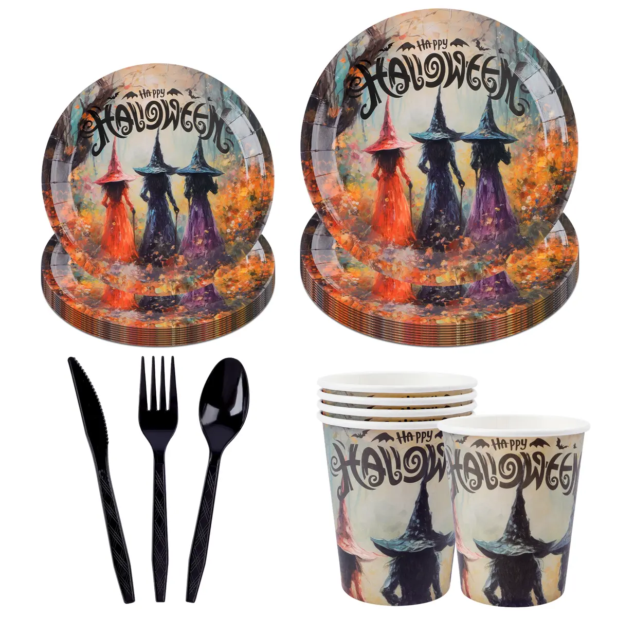 Festive Halloween Pattern Disposable Tableware Set - All-in-One Party Solution with Plates Cups Cutlery Spooky Ghosts Bats Pumpkins Witches Hats Design Durable Paper Material for Themed Parties Trick-or-Treat Haunted House Even