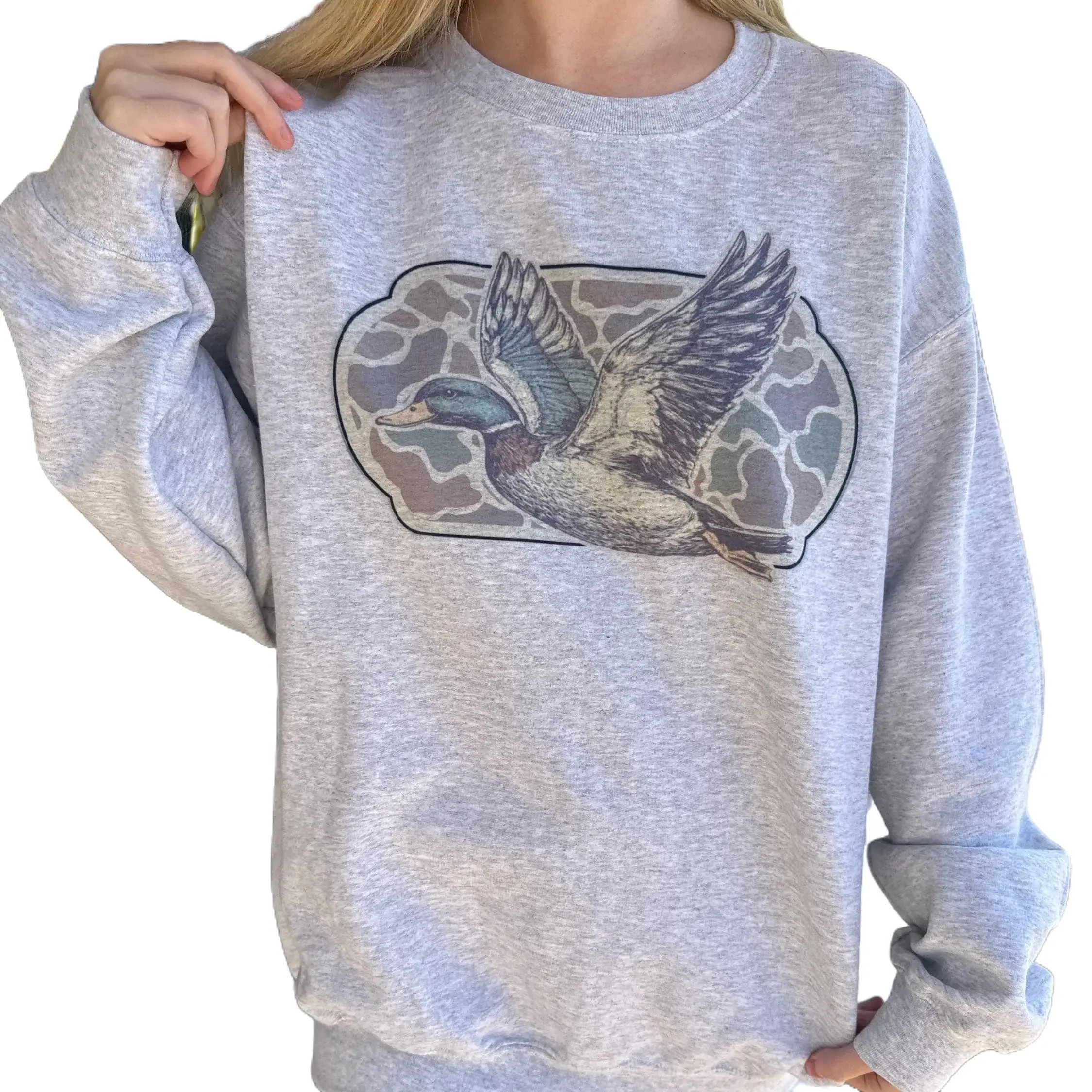 Women's Camo Flying Mallard Printed Crewneck Pullover Sweatshirt - Cotton-Spandex Blend, Tear Away Label, Casual Vintage Outdoor Top, Tops, Women's Clothes, Fabric, Round Neck, Crewneck Sweatshirt, Classic, Fitted