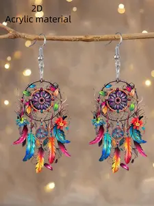 Vintage Bohemian Style 2D Earrings, Boho Style Jewelry, Non Feather Sunflower Wolf Acrylic Earrings, for Daily Parties and Vacations