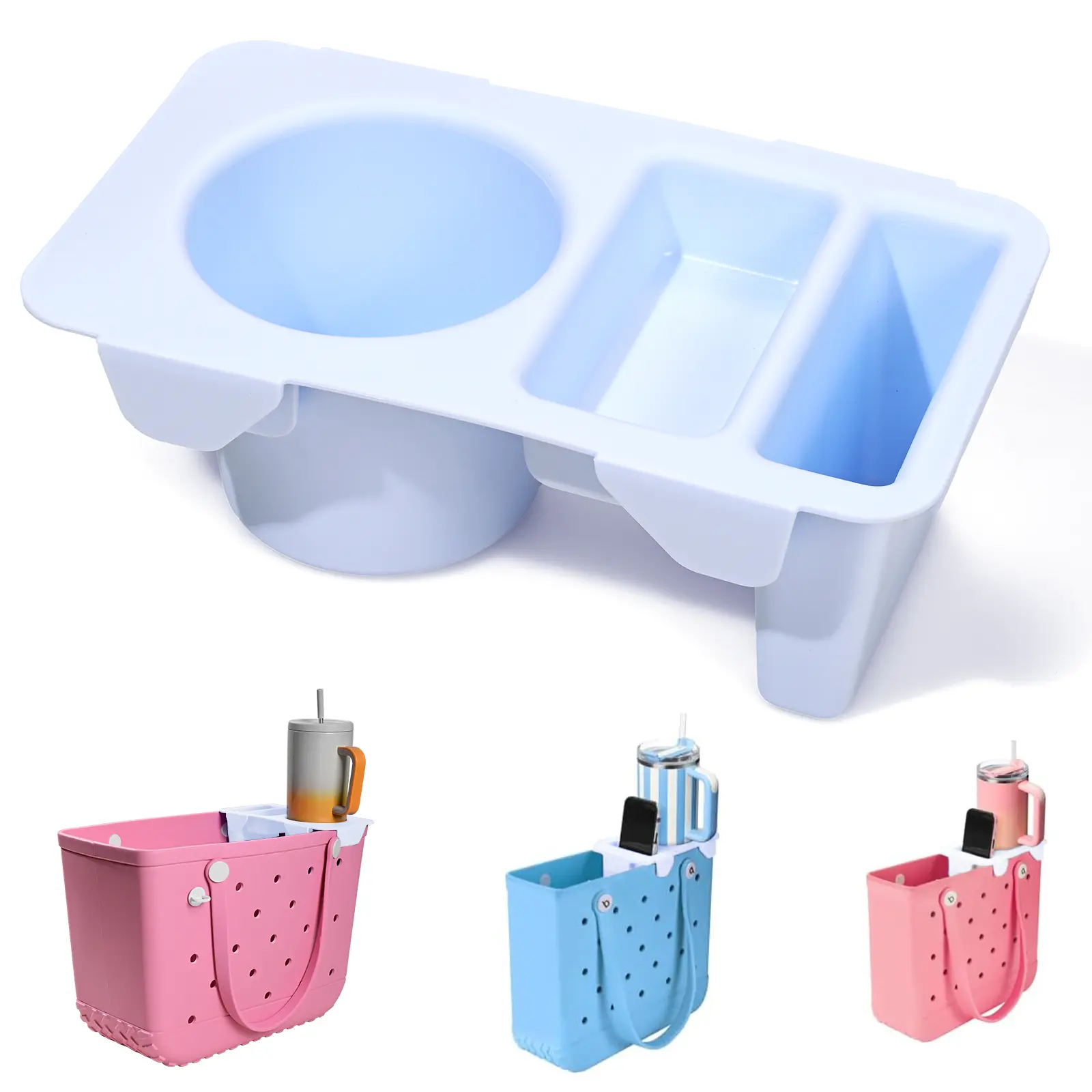 Bogg Bag Topper Tray Organizer Accessory - Durable and Long-Lasting Abs Tabletop Lid, Multi-Compartment Divider, Cup, Snack, Phone Holders, Removable, Fits Medium, Small & Large Bags, Adds Style for Beach, Travel, Cup Holder, Tote Organizer, Picnic, Easy