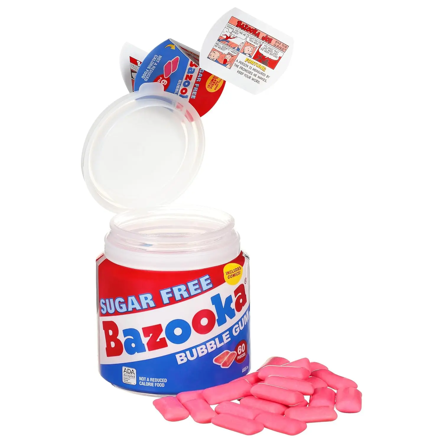 Bazooka Sugar-Free Bubble Gum Bulk Pink Chewing Gum in Resealable Container, 60 Count To Go Cup (6 Pack) w/Bazooka Joe Comics, Baseball Party Favors, Goodie Bags, Nostalgic 90s Candy
