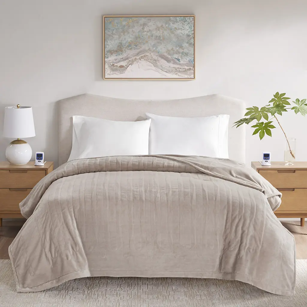 Beautyrest Queen Size Lightweight Cozy Solid Plush Heated Blanket (Model BR54-4130, 84x90x0.25 in, Taupe) - Wi-Fi Ready, Heating Zone Technology Equipped, Soft Cozy Blanket, Lightweight Cozy Blanket
