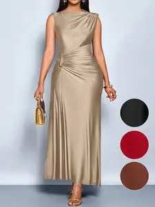 Elegant Bodycon Dress for Spring Summer, Sleeveless Asymmetrical Ruffle, Metallic Buckle, Glossy Fabric, Perfect for Formal Evening & High-End Parties