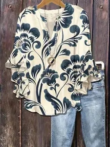 Plus Size Floral Print Ruffled Bell-Sleeve Blouse Casual V-Neck Loose Fit Top, Y2K Clothes Summer Daily Wear, Trendy Bohemian Shirts, Comfortable Relaxed Fit Casual Blouses, Stylish Elegant Pattern Detail Party Casual Ensembles