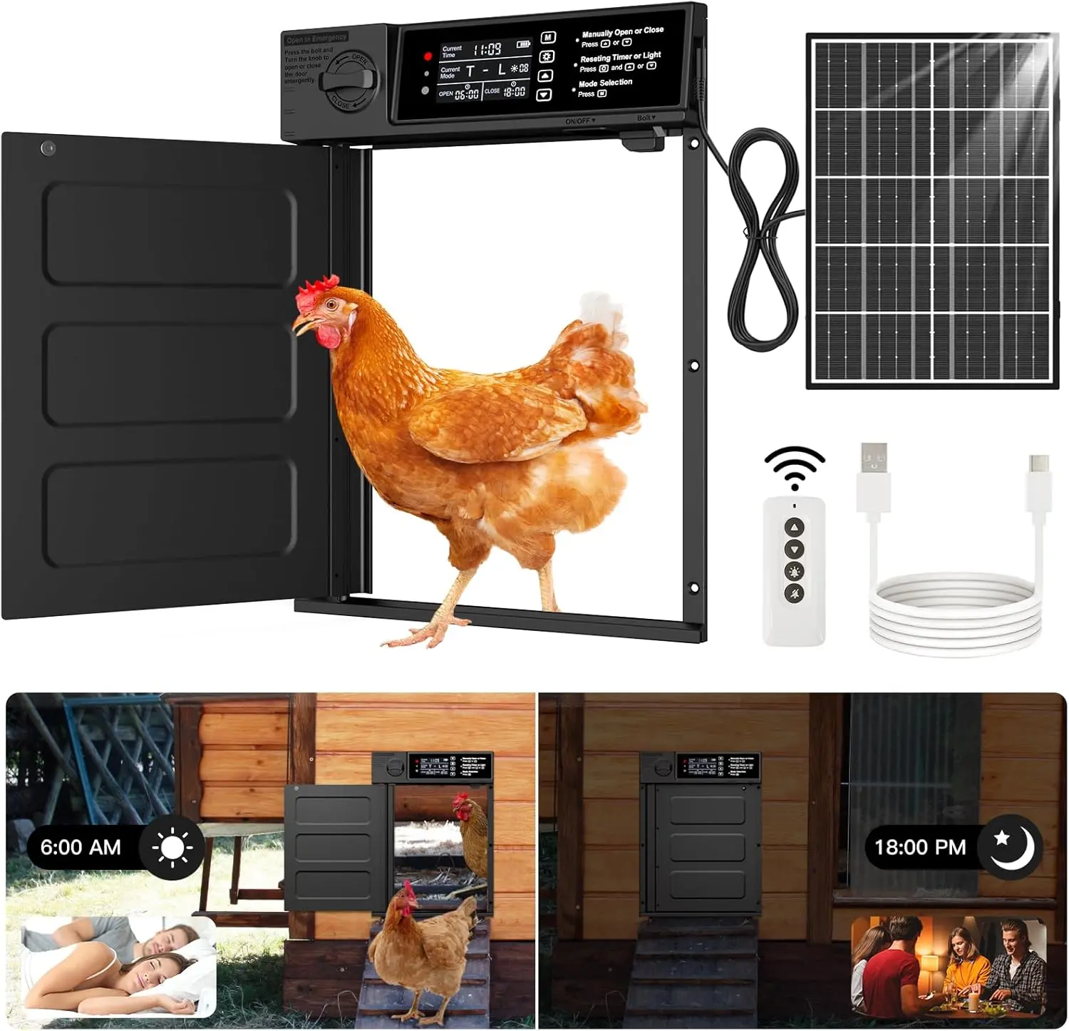 Automatic Chicken Coop Door, Large Size Solar Powered Coop Door with Opening in Emergency, Anti-Pinch, Timer & Light Sensor, Aluminum Waterproof Auto Chicken Door, with 7W Solar Panel manual setting enclosure lcd display duck house mode