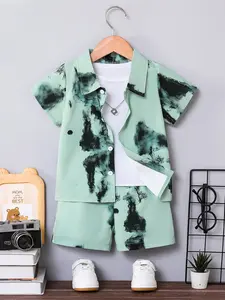 Boys' Summer Set, Clothing Set, Fashionable Lapel Short Sleeve Shirt & Casual Shorts, Ink Wash Print, Outdoor Activities, Daily Wear, Gift Choice
